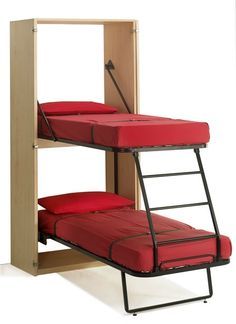 two bunk beds with red mattresses are in front of a wooden shelf and white background