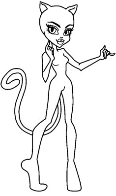 an image of a cartoon character with a cat on her shoulder and hands in the air