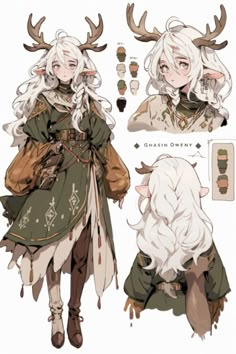 an anime character with white hair and antlers on it's head, standing next to another character