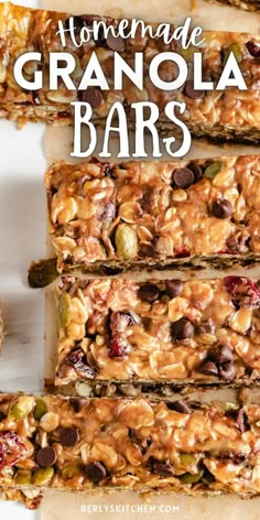 homemade granola bars are stacked on top of each other