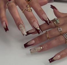 Red French Tip With Gold, French Tip With Gold, Red French Tip, Red And Gold Nails, Milky Nails, Red French, Classy Acrylic Nails, Unique Acrylic Nails