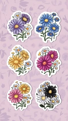 four stickers with different flowers in them on a purple background, one has an image of