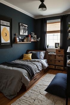 a bedroom with blue walls and white carpeted flooring is pictured in this image