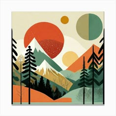 an abstract painting with trees and mountains in the background