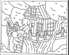 a coloring page with a teddy bear on the tree house