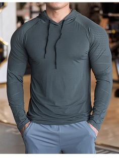 Long Sleeves Hooded Men's Breathable Fitness T Shirt - Men's Fitness Apparel, Men's Sports & Fitness T Shirts | Vivinch Gray Hoodie Sportswear Top, Green Long Sleeve Hoodie For Gym, Gray Sporty Hoodie Top, Sporty Gray Hoodie Top, Gray Workout Hoodie Top, Green Athleisure Sweatshirt For Gym, Gray Hoodie For Gym, Gray Hooded Top For Gym, Casual Stretch Hoodie For Training