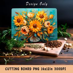 the cutting board is decorated with sunflowers and spices