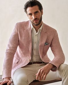 Linen blazer for men Pink Linen Blazer Outfit, Men Blazer Outfit For Wedding, Pink Blazer Outfit Men, Linen Men Outfit, Men Blazer Outfit, Men Linen Suit, Linen Blazer Men, Pink Suit Men, Casual Wedding Suit