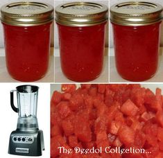 there are three jars with food inside of them and one is filled with watermelon