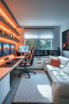 a living room filled with furniture and lots of lights on the wall above it's desk