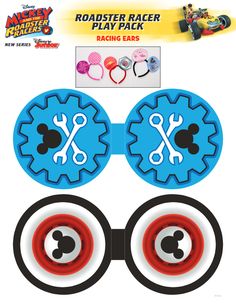 the mickey mouse race car play pack includes two wheels and one pair of sunglasses with ears