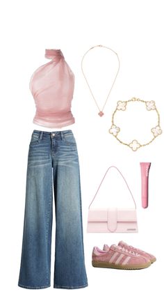 a woman in pink shirt and jeans with accessories