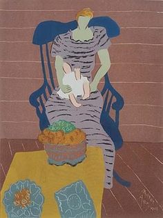 a painting of a woman sitting in a chair holding a cat