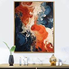 an abstract painting hangs on the wall above a dresser