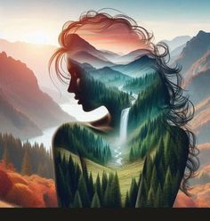 a woman's face with trees and mountains in the background, as if it were painted on canvas