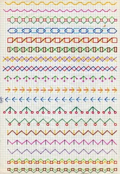 a notebook page with different colored lines and arrows on it, all lined up in rows