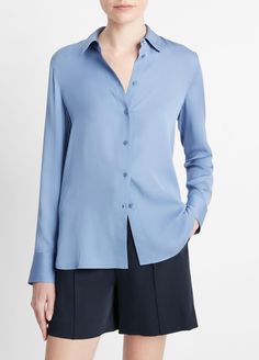 A staple throughout the year, this slim-fit blouse is cut from silk crêpe de Chine woven with a hint of stretch. Fitted Blouse, Hem Blouse, Fitted Blouses, Mother Denim, Slim Fit Shirt, Silk Crepe, Tee Dress, Blouse Styles, Blue Blouse