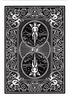 an intricately designed playing card in black and white with the image of a person on it