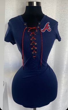 Atlanta Braves Mini Dress with a deep V-neck trim cut and a red rhinestone lace.  Please note these are made to order and will ship in 5-7 business days. If you need it sooner, please send us a message, so we can accommodate your request Rock Star Outfit, Sublimation Ideas Projects Inspiration, Chic Leather, Red Rhinestone, Clothes Shop, Atlanta Braves, Dress Clothes For Women, Deep V Neck, Classy Outfits