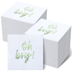 three white cards with green ink on them that say, oh boy and oh boy