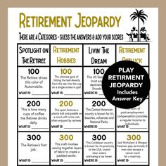 a black and white poster with the words retirement jeopardy on it