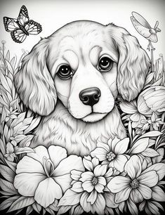 a black and white drawing of a dog surrounded by flowers