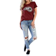 Wine Red Lip Print Distressed Holes Tees Lip Print, Attract Customers, Black Lips, Loose Top, Lips Print, Red Lip, Top Round, How To Attract Customers, Loose Tops