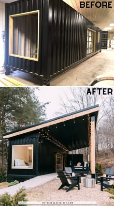 before and after photos of a shipping container house