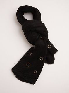 Your snuggly scarf collection just got a major rock 'n' roll upgrade. The thicker black knit is primed for keeping you cozy, while the gold tone grommets keeps it punk. 78” L X 14. 5” W. Man-made materials. Hand wash cold, drip dry. Imported. The best plus size women's grommet knit scarf scarves in black. Torrid is your destination for cozy fall and winter clothes to keep you warm and comfortable. Trendy Black Scarves For Fall, Trendy Black Scarf For Fall, Trendy Black Fall Scarves, Black Winter Scarves For Cold Weather, Warm Black Scarves For Fall, Warm Black Scarves For Cold Weather, Warm Black Scarf For Fall, Casual Black Warm Scarves, Casual Warm Black Scarves