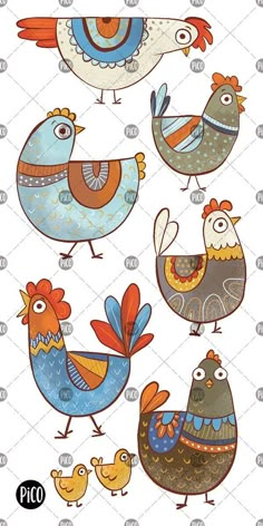 an image of chickens and roosters in different colors