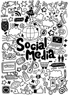 the word social media surrounded by doodles and other items in black and white colors