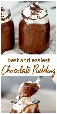 two jars filled with chocolate pudding and topped with whipped cream