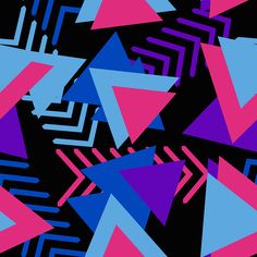 an abstract pattern with blue, pink and purple triangles on a black background in the style of 80s's