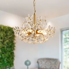 a chandelier hanging from the ceiling in a living room with green plants behind it