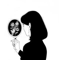 a woman looking through a magnifying glass with a plant on it's side