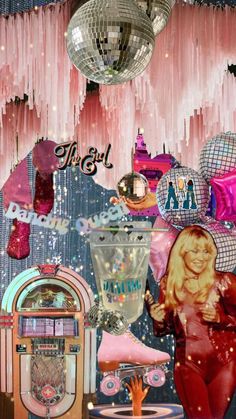 a collage of pink and blue disco balls, chandeliers, an old fashioned jukebox