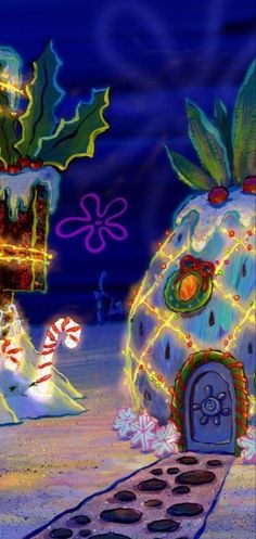 a christmas scene with an igloose and candy canes