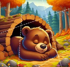 a brown bear sleeping in front of a log cabin with trees and rocks around it