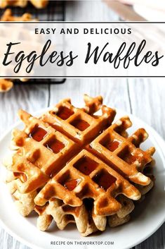 eggless waffles on a white plate with text overlay