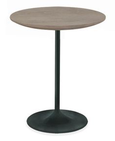 a round table with a black base and an oak top, on a white background