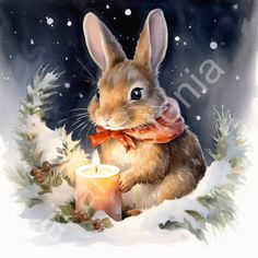 a painting of a bunny holding a candle in the snow