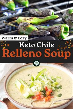 Warm & Cozy Keto Chile Relleno Soup recipe Keto Chile Relleno, Keto Chile, Chile Relleno Soup, Basil Tofu, Crockpot Vegan, Mexican Soups, Snacks Vegan, Meals Vegan, Keto Soups