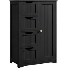 a black cabinet with three drawers on the bottom and one door open to reveal it's contents