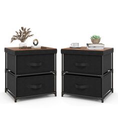 two black nightstands with drawers on each side and a potted plant on top