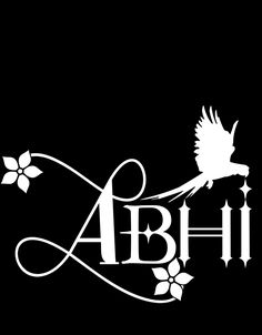 a bird flying over the word abhi with flowers on it's back side