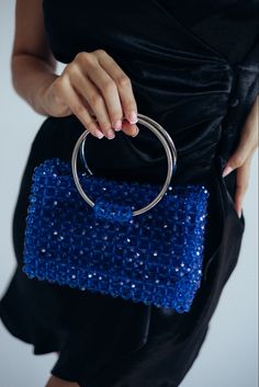 Blue Beaded Shoulder Bag As Fashion Accessory, Luxury Blue Bags With Rhinestones, Blue Rhinestone Evening Bag, Elegant Blue Beaded Bag, Blue Rhinestone Clutch Bag, Women Purse, Red Bag, Unique Top, Ring Handle