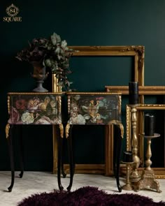 an ornate console table with flowers painted on it