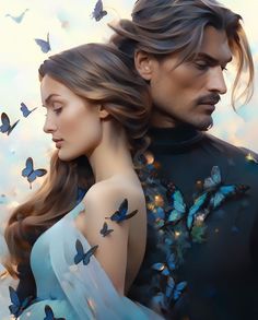 a man and woman standing next to each other with butterflies flying around them in the sky