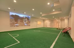 an indoor sports facility with artificial turf and soccer goal in the center, as well as a projection screen on the wall