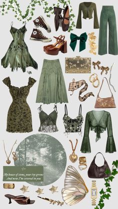 a collage of green clothes and accessories